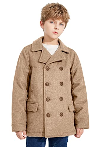 Image of SOLOCOTE Boys Coat Elegant Notched Collar Double Breasted Wool Blend Over Pea Coat, SLN6005-Camel-13-14Y