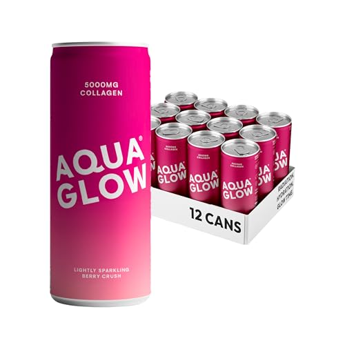 AQUA GLOW Sparkling Collagen Drink - 5000mg VERISOL® Collagen Peptides with Biotin, Zinc, Vitamins C, B Complex - Beauty & Wellness Hydration - Low Sugar, Low Cal. (250 ml (Pack of 12), Berry Crush)