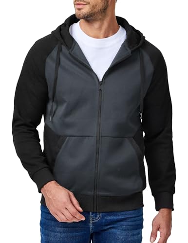 Dokotoo Men Mens Hooded Sweatshirt Zipper Casual Full Zip Long Sleeve Hoodies Fall Oversized Jackets Coats Color Block Lightweight Fashion Drawstring Sweatshirts With Pocket Dark Grey XX-Large