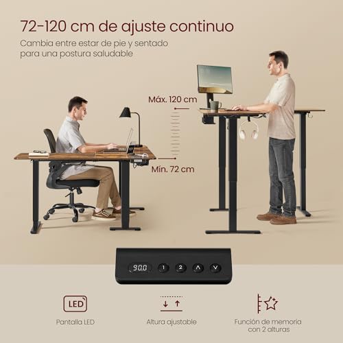 VASAGLE Escritorio Eléctrico Regulable en Altura, Escritorio en Forma de L, 140 x 160 cm, con Estación de Carga, Función de 2 Memorias, para Oficina Casa, Marrón Rústico y Negro Tinta LSD264K01 - imagen 4