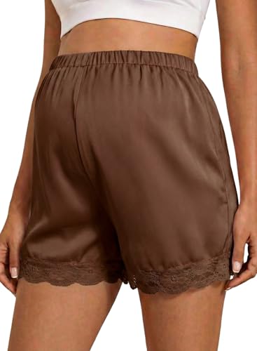 BLENCOT Maternity Shorts for Women Casual Summer Satin Lace Trim Beach Vacation Pregnancy Clothes Fashion 2026 Brown X-Large
