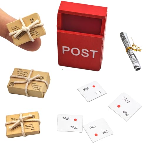 KEPKKU Wichtel Zubehör Weihnachten, Miniatur Deko Wichtelzubehör Weihnachtsdeko Wichtel Briefkasten/Zeitung/Umschläge, 9Stk Mini Puppenhaus Zubehör 1:12 Miniatur Weihnachtswichtel Tür Deko Weihnachten