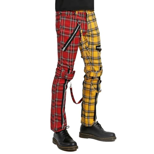 Punk Style Plaid Pants, Red and Yellow Split Color, Multi-Zipper Design,Trousers Unisex Tartan Pants Emo Punk Gothic Tapered