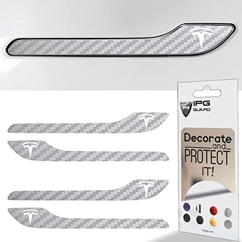 Image of IPG Compatible for Model 3 / Model Y /Juniper Door Handle Decal Sticker Wrap Kit (Set of 4) with Tesla Logo Personalize Your Tesla (Silver Carbon Fiber)