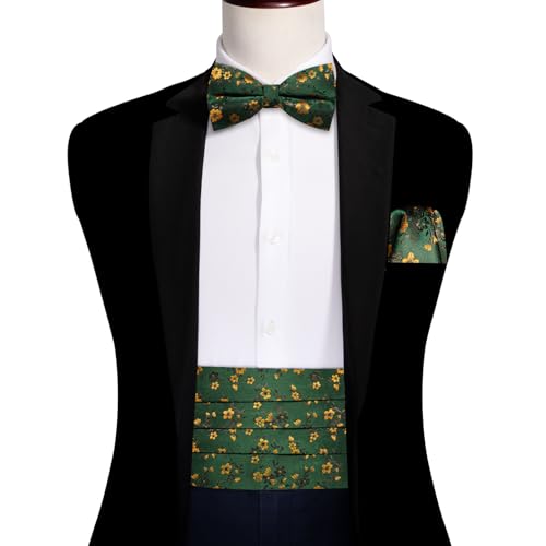 Image of Barry.Wang Men Silk Paisley Cummerbund and Pre-tied Bowtie Handkerchief Cufflink Set for Tuxedo
