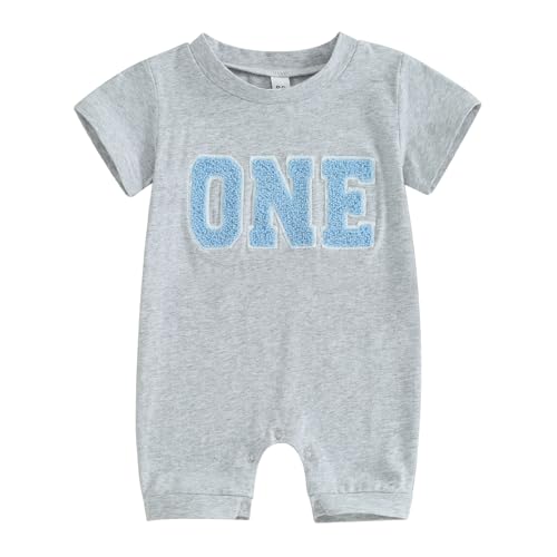 Newborn Baby Girl Boy 1st Birthday Romper Casual Letter One Embroidery Short Sleeve Romper Jumpsuit Shirt for Summer (A Gray, 12-18 Months)