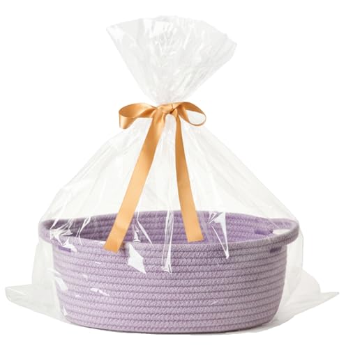Image of 2-Pack Small Woven Gift Baskets Empty with Bags & Ribbons, Storage Basket for Father's Day for Dad, Baby Shower, Raffle, Birthday, Cute Organizer with Handles, 12 inchx8 inchx5 inch, Purple