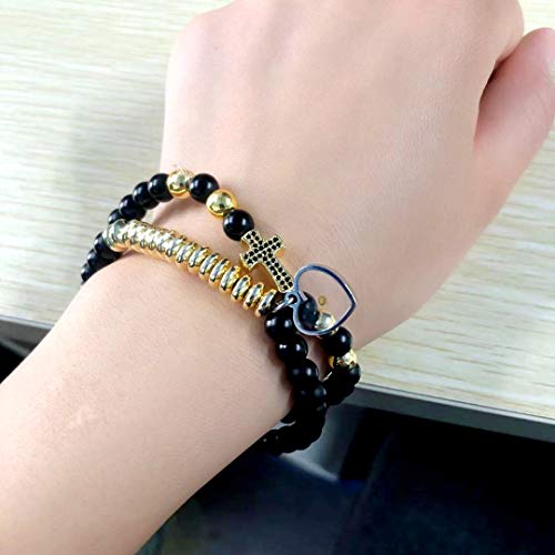Uloveido 6Mm Multilayer Bead Bracelet, Side Cross Bracelets With Charms Mustard Seed, Gold Black Stacking Beaded Strand Cuff Bangles Set (Gold) #TOP1