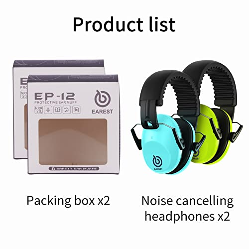 Earest 2 Pack Ear Protection Shooting Earmuffs, Nrr 20 Db Kids Noise Cancelling Ear Muffs For Sleeping, Studying, Hunting And Mowing, With Adjustable Headband And Carrying Bag - Blue & Green #TOP7