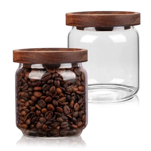 WHJY 2 pack 15oz Glass Storage Containers with Wooden Lids Airtight Food Canister for Tea Sugar Dry Goods Clear Coffee Jars for Kitchen Pantry
