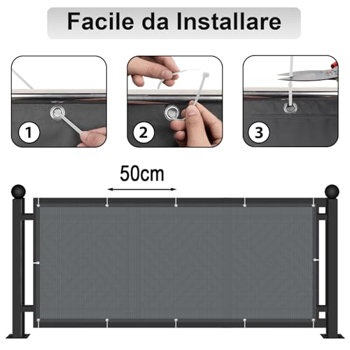 AXT SHADE Frangivisto Balcone Protezione 90x500cm Impermeabile Copri Ringhiera Balcone Privacy Frangivento Protezione UV con Occhielli e Fascetta per Terrazza Esterno-Antracite - 6