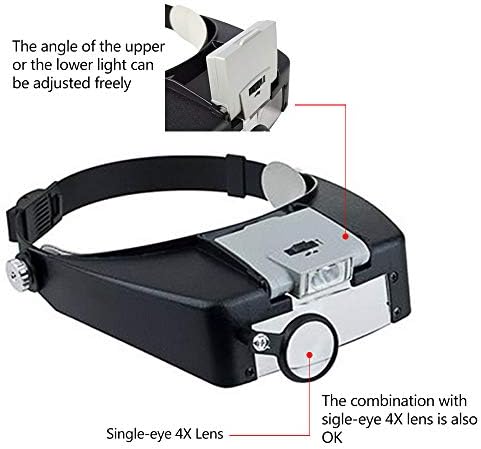 PHOEWON Headband Magnifier Hands Free Jeweler Magnifier Headset Magnifier with LED Light Magnifying Eye Glasses Lens Loupe 2 LED Light Visor for Surgical Repair Precision Work Reading