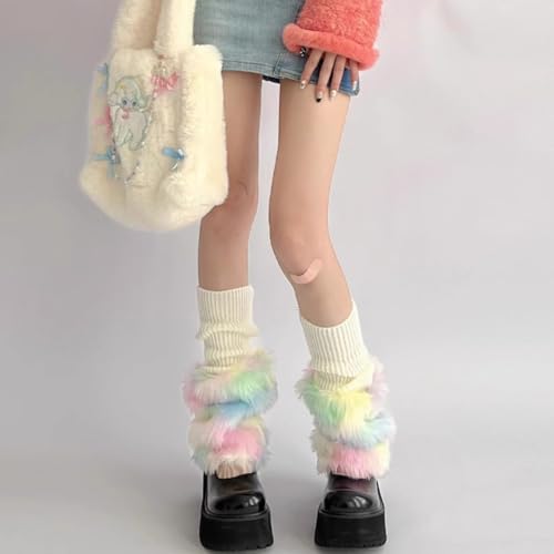 Plush Leg Warmers for Women,Soft Cozy Faux Fur Gradient Rainbow Color Fluffy Thick Warm Leg Warmers2