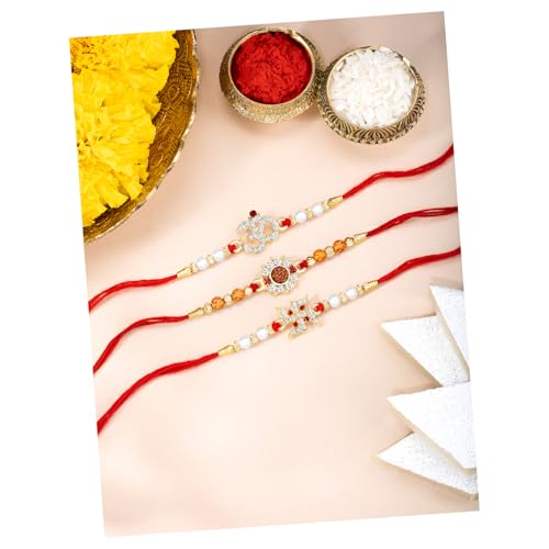 Image of Peora Om Shree Ram Swastik Rakhi for Brother Bhaiya | Crystal & Beads Studded | Red Thread | Raksha Bandhan Hamper with Roli Chawal Greeting Card