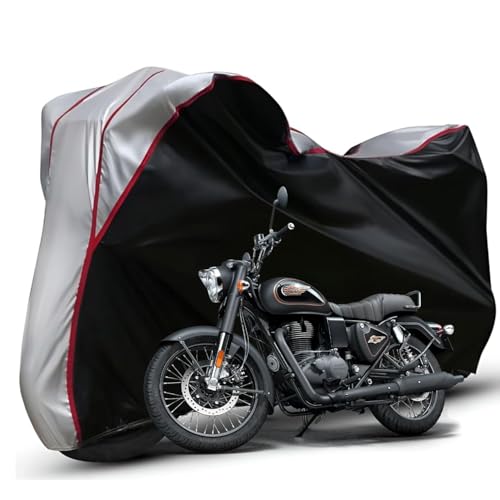 Image of Waterproof Bike Body Cover Compatible with RE Bullet Dustproof Scratchproof - Motorcycle Cover for Two Wheeler, Outdoor Full Cover with UV, Duty, Rain Protection (Black Top Silver)