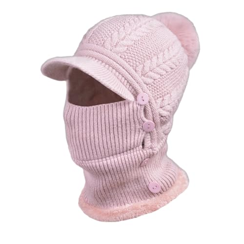AMateschitz Gorro de punto cálido de invierno para el cuello, gorro de invierno con bola de pelo, gorro de esquí con máscara facial ajustable, gorro de punto y pañuelo para el cuello con botón para