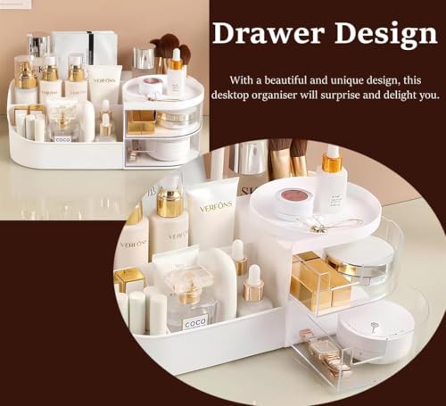 Image of zuku MakeUp Organizer Stand Desk Storage Dressing Table Organiser Cosmetic Organizer Box Skin Care Table Bathroom Organiser Makeup Storage Box Makeup Vanity with Transparent Drawer(White)
