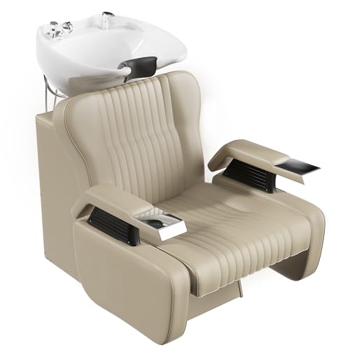 Image of Shampoo Bowl and Chair Set for Salon,Backwash Chair with Adjustable Tilting Porcelain Sink, Salon Hair Washing Station with Ceramic Shampoo Bowl Neck Rest,Beauty Spa Equipment (Light Taupe)