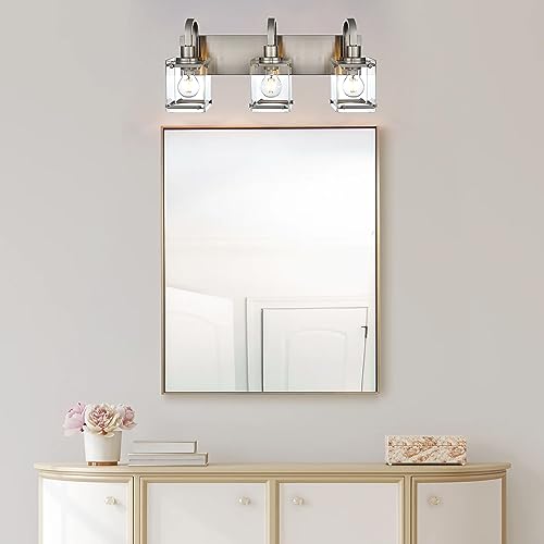 Image of 3-Light Bathroom Vanity Light Fixtures, Modern Vanity Lights with Clear Glass Shade Wall Light Brushed Nickel Wall Sconce Lighting for Living Room, Bedroom Kitchen Farmhouse