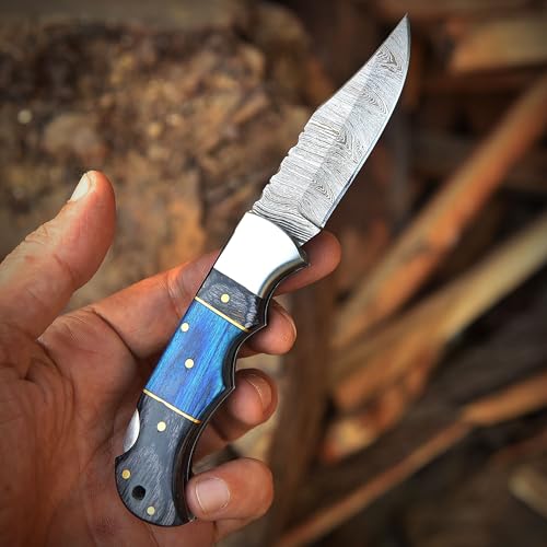 Poshland Steelware Custom Damascus Steel Folding Pocket Knife – Handmade, Compact for Outdoor, Camping, Hiking and Hunting (Blue Pakka Wood)