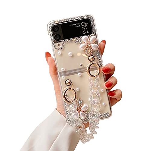 Shinyzone Sparkle Case for Samsung Galaxy Z Flip4 2022 with Chain,Women Girls Cute Bling Glitter Case Flower Pearl Diamond Crystal Rhinestone 3D Handmade with Bracelet Wristband Strap Keychain