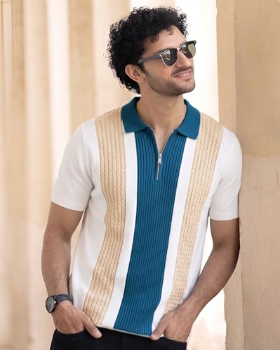 Image of AUSK Men's Zip Collar Polo Tshirt | Cotton Rich Material | Half Sleeves | Modern Knit Panel Work | Regular Fit