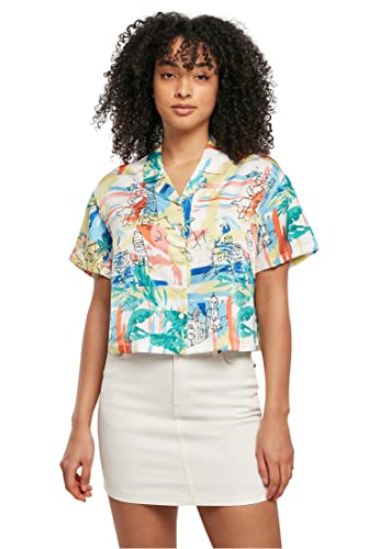 Urban Classics Damen Ladies AOP Satin Resort Shirt softyellowvacation, M