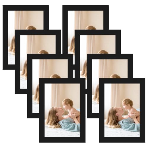 CRUGLA 4x6 Magnetic Picture Frames for Refrigerator 8 Packs, Modified Magnetic Sheet with Self Adhesive Backing, Black 4 by 6 Photo Frame Set for Locker Glass Window Door Cubicle