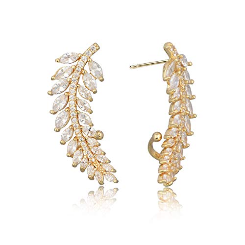 Crawler Pierced Wrap Earrings Cuff - Women's 14K Gold Plated Sterling Sliver Cubic Zirconia Crystal Rhinestone Diamond Cz Cluster Leaf Post Earrings Ear Climber Jackets Hypoallergenic Stud Earring #TOP15