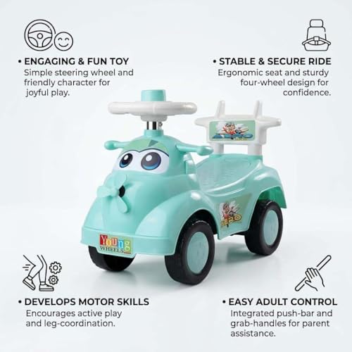 Image of Kids Ride On Olive Green Car for Toddlers with Steering Wheel & Backrest | Foot to Floor Baby Push Car | Indoor Outdoor | Strong Wheels & Comfortable Seat | Racing Design for Boys & Girls (1-3 Years)