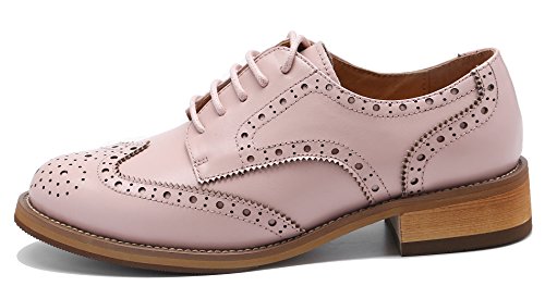 U-Lite Women's Perforated Lace-Up Wingtip Leather Flat Oxfords Vintage Oxford Shoes Brogues (8.5, Pink) #TOP3