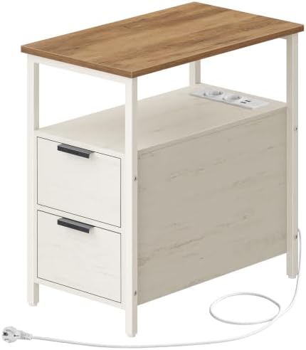 VASAGLE Beistelltisch, Nachttisch mit Steckdosenleiste, 2 Schubladen | Sofatisch, Nachtschrank für Wohnzimmer, Schlafzimmer, Vintageweiß und Honigbraun, Barnet Kollektion LET325W10