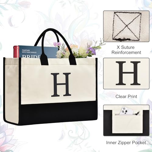 Image of GASSDA Initial Canvas Tote Bag Birthdays Gift for Women Mom Teacher Friend Bridesmaid,Custom for Wedding Beach Holidays