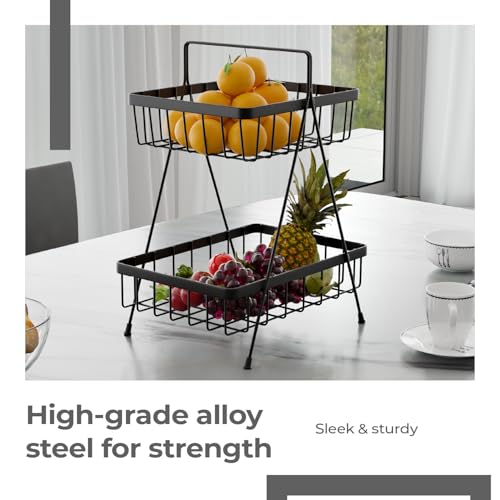 Image of Lifelong 2-Tier Fruit Basket Stand for Kitchen & Dining Table|Black Metal Wire Organizer for Fruits, Vegetables & Snacks |Countertop Storage Rack with Baskets |Vertical Storage for Pantry & Home Decor