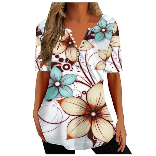 Túnica de verano para mujer, estilo vintage, con botones, cuello en V, manga corta, estampado floral, ajuste holgado, talla grande, con vuelo, para ocultar el vientre, Gift09#_caqui, M
