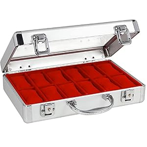 SAFE 265 ALU Uhrenaufbewahrungsbox Herren mit 12 Uhren-Schmuckhalter in rotem Samt - abschließbare Uhren Box mit Glasdeckel und abnehmbaren Uhrenkissen