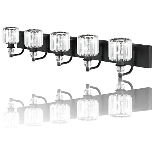 Ralbay Crystal Black Vanity Light Fixtures 5 Light Crystal Bathroom Light Fixtures Over Long Mirror Modern Matte Black Bath Wall Lights #TOP1