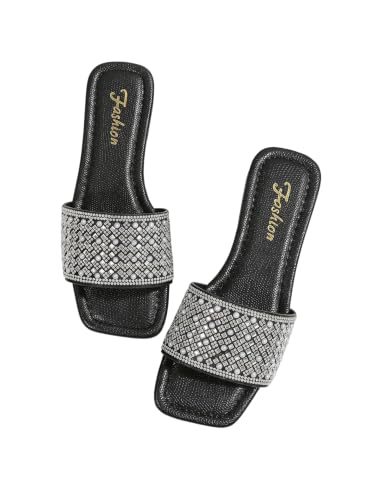 Image of GORGLITTER Women's Sparkly Jeweled Flat Sandals Dressy Open Toe Glitter Shiny Slippers Slip-on Shoes