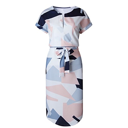 Guteidee Womens Dresses Summer Casual V-Neck Floral Print Geometric Pattern Casual Dress with Belt Tunic Tops Dressï¼Whiteï¼L
