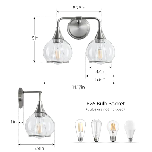 Image of Brushed Nickel Bathroom Vanity Light 2 Lights Bathroom Light Fixtures Over Mirror with Clear Glass Shade 14 inch Wall Sconce Lighting Bath(Exclude E26 Bulb)