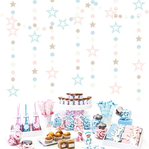 Image of Blue Pink Gender Reveal Star Party Decoration Garland Lasting Surprise | 52ft Champagne Gold Twinkle Little Star Streamers,Boy or Girl He or She Baby Gender Reveal Theme Supplies Decor