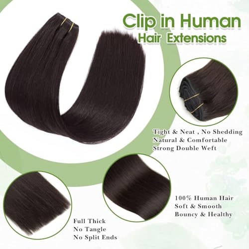 Image of Clip in Hair Extensions Real Human Hair Natural Black Clip ins Human Hair