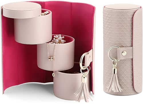 Image of Portable Travel Jewellery Box for Women & Girls - 3-Layer Compact Organizer Roll for Rings, Earrings, Necklaces & Bracelets (Baby Pink)