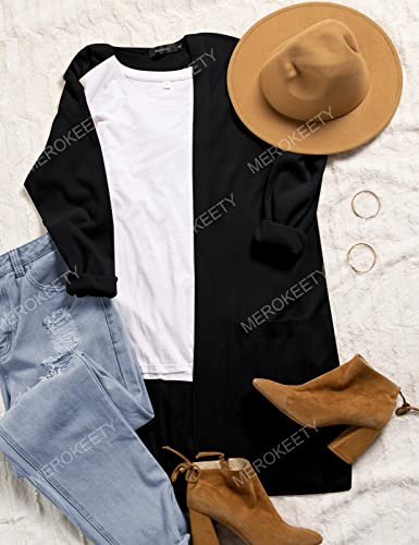 Merokeety Women's Long Sleeve Open Front Hoodie Knit Sweater Cardigan Outwear A-Black #TOP4