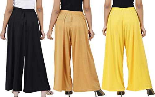 Image of Buy That Trendz M to 4XL Cotton Viscose Loose Fit Flared Wide Leg Palazzo Pants for Women Black Dark Skin Yellow Combo Pack of 3