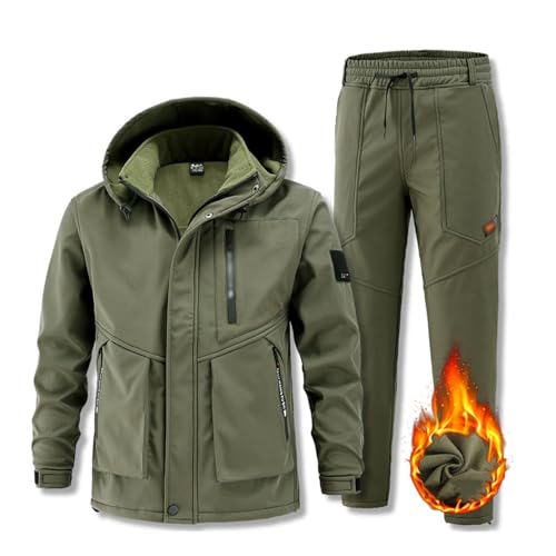 Set di tuta da sci a due pezzi per uomo, tuta da sci con cappuccio antivento e resistente all'usura, 2 pezzi, abbigliamento impermeabile, verde, 5X-Large