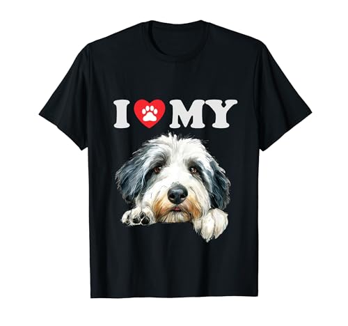 Old English Sheepdog I Heart My Dog Funny Dog Lover Maglietta