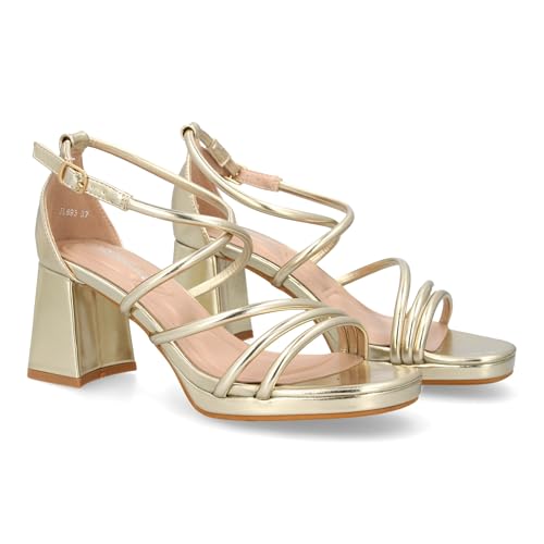 shoes&blues.es 95305 Sandalia de Tacon con Diseno de Tiras Finas y Talon Cerrado. Comodos con Plataforma, Ideal para Ocasiones Especiales. Oro Talla 37