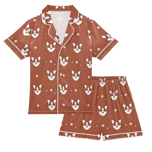 Animal Dog Simple Brown Pattern Summer Satin Pajama Set, Cute Button-Down Sleepwear Pj Set for Sleep Wears