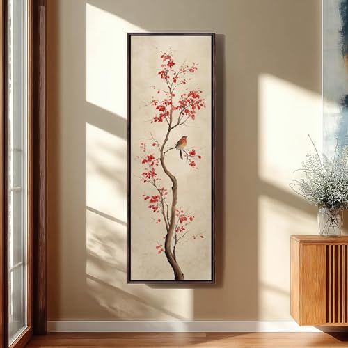Estampe traditionnelle Sumi-e avec oiseau et érable rouge, impression sur toile 55x110cm
